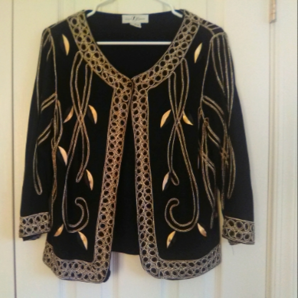 Black jacket with gold and white design